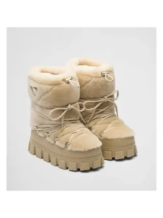 Prada Bot Shearling Apres-Ski Boots Ecru