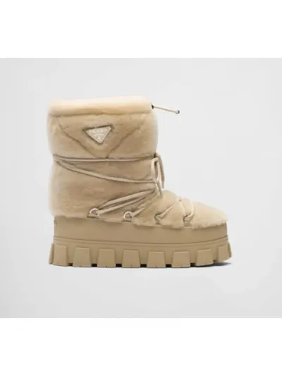 Prada Bot Shearling Apres-Ski Boots Ecru