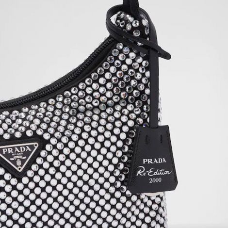 Prada Çanta Satin Crystals Siyah - Prada Bag Canta 22 Satin Mini Bag With Crystals Beyaz Siyah