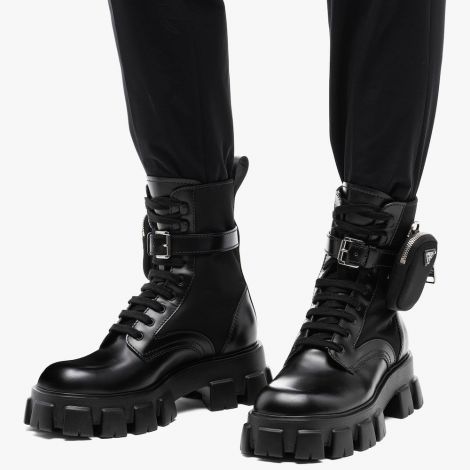 Prada Ayakkabı Monolith Siyah - Prada Monolith Brushed Leather And Nylon Combat Boots Black Siyah