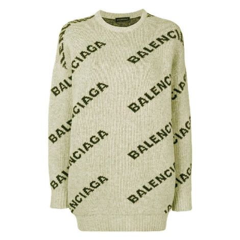 Balenciaga Sweatshirt Jacquard Bej - Balenciaga Sweatshirt Kadin Jacquard Logo Pullover With Virgin Wool Beige Bej