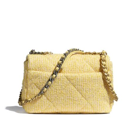 Chanel Çanta CH19 Sarı - Chanel Canta 19 Handbag Tweed Gold Tone Silver Tone Ruthenium Finish Metal Sari