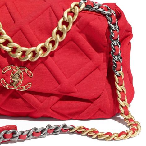 Chanel Çanta Grained Kırmızı - Chanel Canta 19 Large Flap Bag Jersey Gold Silver Ruthenium Metal Kirmizi