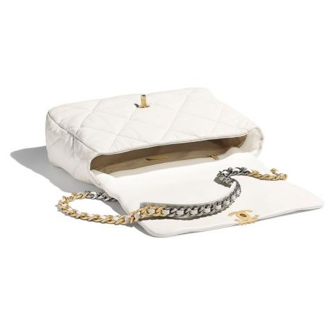Chanel Çanta Maxi Beyaz - Chanel Canta 19 Maxi Flap Bag Goatskin Gold Silver Ruthenium Metal Beyaz