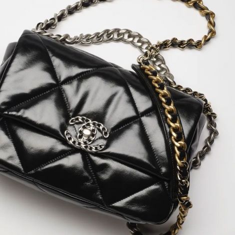 Chanel Çanta Classic Siyah - Chanel Canta Bag 19 Canta Parlak Dana Derisi Ve Altin Gumus Rutenyum Bitisli Metal Siyah