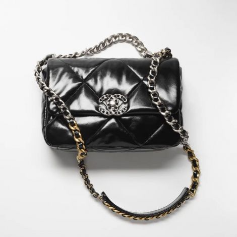 Chanel Çanta Classic Siyah - Chanel Canta Bag 19 Canta Parlak Dana Derisi Ve Altin Gumus Rutenyum Bitisli Metal Siyah