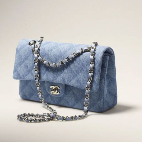 Chanel Çanta Classic Mavi - Chanel Canta Bag Klasik Canta Baskili Denim Ve Altin Detaylar Blue Acik Mavi