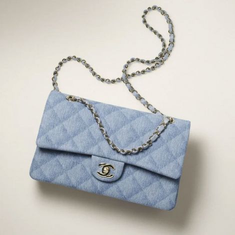 Chanel Çanta Classic Mavi - Chanel Canta Bag Klasik Canta Baskili Denim Ve Altin Detaylar Blue Acik Mavi