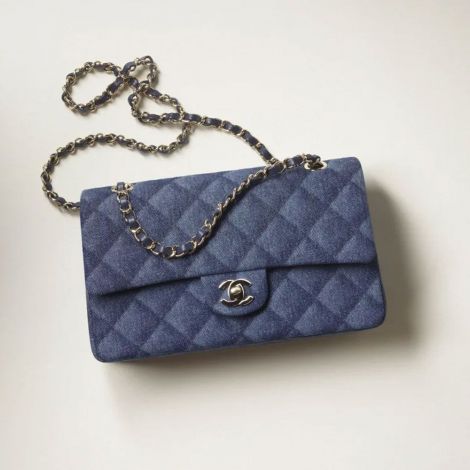 Chanel Çanta Classic Mavi - Chanel Canta Bag Klasik Canta Baskili Denim Ve Altin Detaylar Blue Mavi