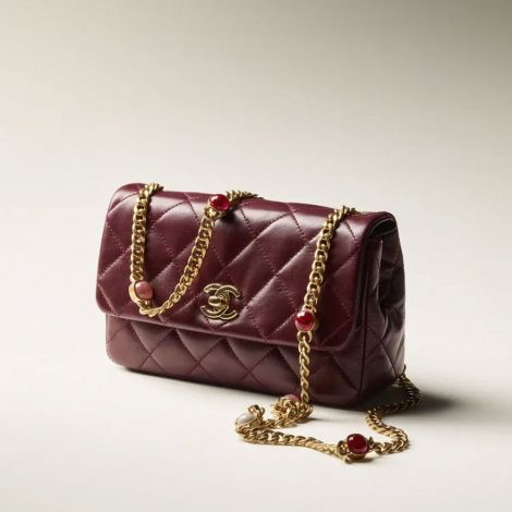 Chanel Çanta Small Bordo - Chanel Canta Bag Kucuk Kapakli Canta Kuzu Derisi Recine Ve Altin Detaylar Bordo