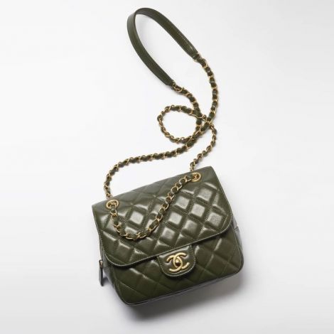 Chanel Çanta Small Yeşil - Chanel Canta Bag Kucuk Kapakli Canta Taneli Dana Derisi Ve Altin Detaylar Haki Yesil