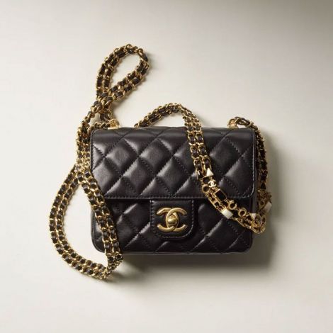 Chanel Çanta Mini Siyah - Chanel Canta Bag Mini Kapakli Canta Kuzu Derisi Emaye Ve Altin Detaylar Siyah