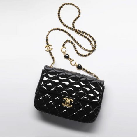 Chanel Çanta Mini Siyah - Chanel Canta Bag Mini Kapakli Canta Patent Dana Derisi Emaye Ve Altin Detaylar Siyah