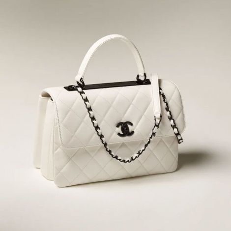 Chanel Çanta Classic Beyaz - Chanel Canta Bag Sapli Buyuk Kapakli Canta Kuzu Derisi Ve Siyah Metal Beyaz