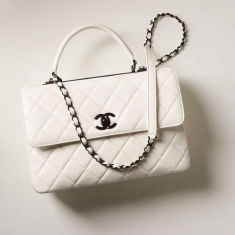 Chanel Çanta Classic Beyaz - Chanel Canta Bag Sapli Buyuk Kapakli Canta Kuzu Derisi Ve Siyah Metal Beyaz