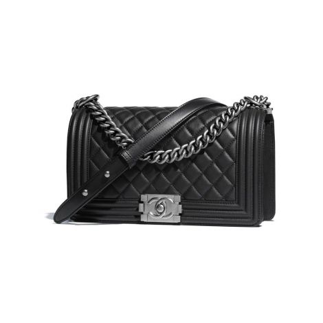 Chanel Çanta Logo Siyah - Chanel Canta Boy Chanel Handbag Calfskin Ruthenium Finish Metal Siyah