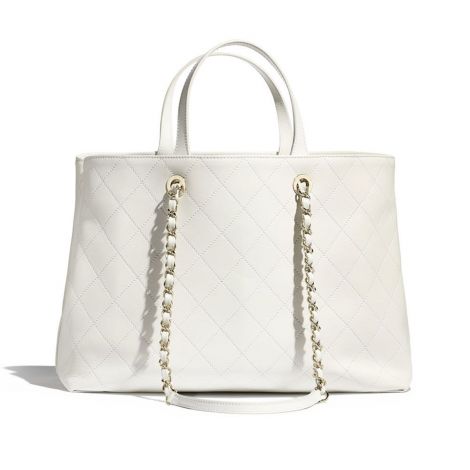 Chanel Çanta Logo Beyaz - Chanel Canta Shopping Bag Calfskin Gold Tone Metal Beyaz