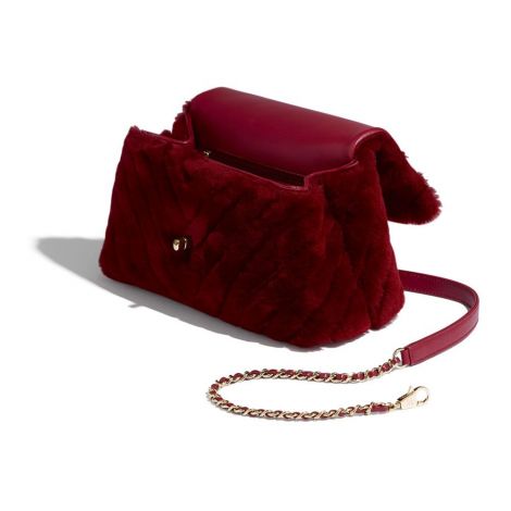 Chanel Çanta Logo Burgonya - Chanel Canta Small Flap Bag With Top Handle Shearling Lambskin Burgonya