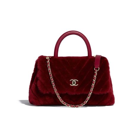 Chanel Çanta Logo Burgonya - Chanel Canta Small Flap Bag With Top Handle Shearling Lambskin Burgonya