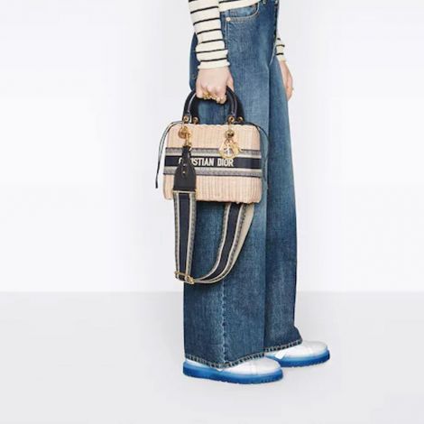 Dior Çanta Lady Medium Mavi - Dior Bag Canta Medium Lady Dior Bag Natural Wicker And Blue Dior Oblique Jacquard Hasir Mavi