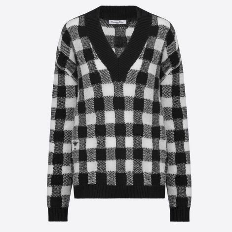 Dior Sweatshirt Motif Siyah - Dior Kadin V Neck Sweater In Cashmere With Check Motif Siyah