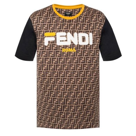 Fendi Tişört Mania Kahverengi - Fendi Mania Roma Tisort Erkek T Shirt Sari Kahverengi