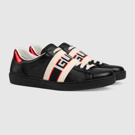 Gucci Ayakkabı Stripe Siyah - Gucci Erkek Ayakkabi Gucci Stripe Leather Sneaker Kirmizi Siyah
