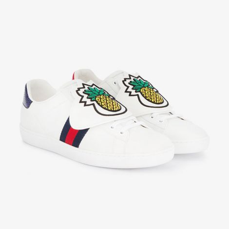 Gucci Ayakkabı Ace Pineapple Beyaz - Gucci White Ace Sneakers With Removable Patches