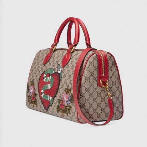 Gucci Çanta GG Supreme Krem - Gucci Limited Edition Gg Supreme Top Handle Bag With Embroideries Kirmizi Baskili Krem
