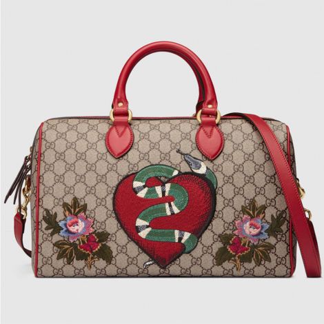 Gucci Çanta GG Supreme Krem - Gucci Limited Edition Gg Supreme Top Handle Bag With Embroideries Kirmizi Baskili Krem