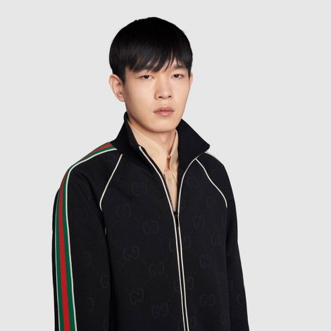 Gucci Sweatshirt GG Jacquard Hooded Siyah - Gucci Sweatshirt Men Gg Jacquard Jersey Zip Jacket Black Siyah