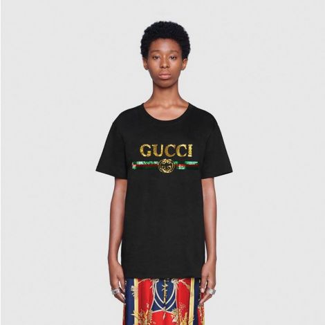 Gucci Tişört Logo Siyah - Gucci Tisort 2020 Kadin Oversize T Shirt Sequin Gucci Logo Siyah