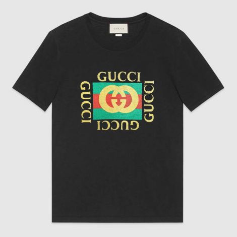 Gucci Tişört Print Siyah - Gucci Washed T Shirt With Gucci Print Erkek Tisort Siyah Simli
